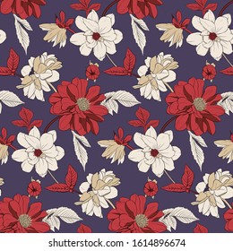 Vector illustration - burgundy, red, beige flowers, leaves and buds on a dark purple background. Seamless pattern for textile, decor, fabric, greeting cards, paper, etc.