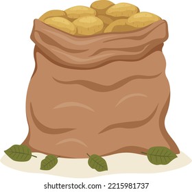 Vector illustration of a burlap sack bag of ripe farm potatoes in a flat style isolated on white ackground.