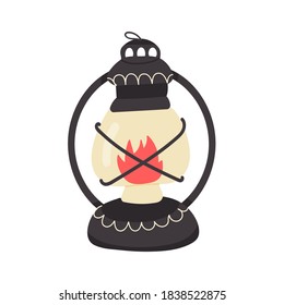 Vector Illustration of a Burn Kerosene Lamp. Lighting Tools for Camping and Hiking in Flat Vintage style. Tourism Object for Web,Graphic,Design.Isolated on  white background.