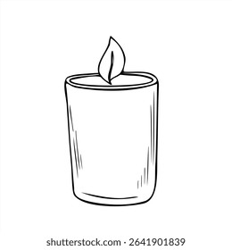 Vector illustration of burning aromatic candle in glass jar. Etching drawing of Christmas or meditative natural element. For spa branding, wellness products, home decor, mindful relaxation theme.
