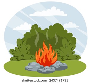 Vector illustration of a burning bonfire in nature. Concept for travel, lighting, outdoor recreation, camping.