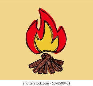 vector illustration of burning bonfire with wood on color background. fire icon. Hand drawn.