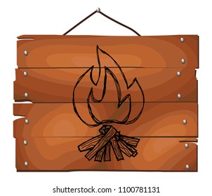 vector illustration of burning bonfire with wood on wooden plank background. fire icon. Hand drawn.