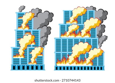 Ilustración vectorial de un edificio en llamas con llamas Grandes y humo que se eleva desde múltiples pisos.