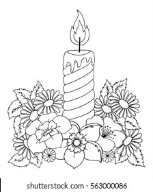Vector illustration burning candle among the flowers. Work done by hand. Book Coloring anti-stress for adults and children. Black and white.
