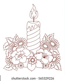 Vector illustration burning candle among the flowers. Work done by hand. Book Coloring anti-stress for adults and children.Brown and white.