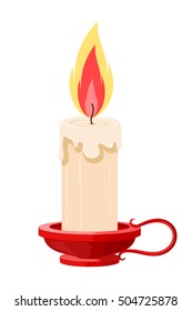 Vector illustration of a burning candle in a holder on a white background. Cartoon candle with 
the flame in red holder. Isolated object. Vintage candle