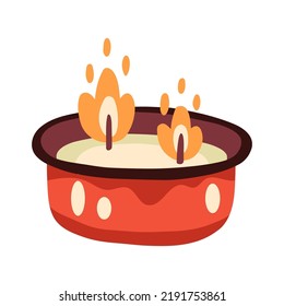 Imagen vectorial de una vela en llamas en un frasco. Caer objetos decorativos. Abran fuego. Naranja, rojo. Estética de higge cálida. Estilo de dibujos a mano de dibujos planos