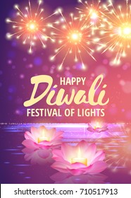 Vector illustration of burning candle in lotus flowers. Happy Diwali Holiday background. Festival of lights greeting card