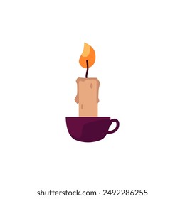 Ilustración vectorial de una vela ardiente con cera fundida en un candelabro de hierro con mango. Ideal para eventos nocturnos y decoraciones tradicionales