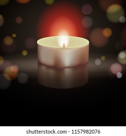 Vector illustration of burning candle on black background with bokeh.