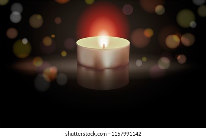 Vector illustration of burning candle on black background with bokeh.
