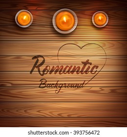 Vector  illustration . Burning candle on  wooden  texture . Romantic illustration