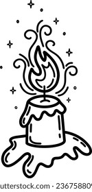 Vector illustration of a burning candle and sparks. Black and white illustration. A burning paraffin candle in the dark. A spark of flame. Vector isolated illustration.