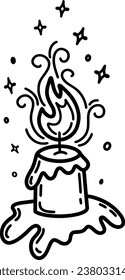 Vector illustration of a burning candle and sparks. Black and white illustration. A burning paraffin candle in the dark. A spark of flame. Vector isolated illustration.