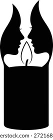 Ilustración vectorial de una vela ardiente donde el espacio negativo forma dos perfiles a punto de besarse que representan el amor ardiente, la atmósfera romántica y la intimidad aislada sobre fondo blanco