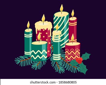 Ilustración vectorial de la quema de velas en un fondo oscuro con decoraciones navideñas tradicionales como ramas de abetos, bayas y hojas huecas. Velas rojas y verdes con puntos de polka y rayas