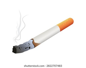 Vector illustration of a burning cigarette with grey ash and curls of smoke. Isolated unhealthy habit concept element on white background.
