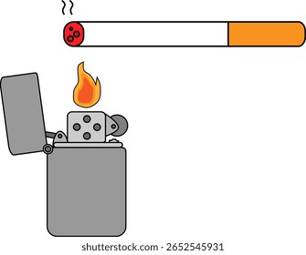 Ilustração vetorial de cigarro em chamas com isqueiro de chama aberta isolado no fundo branco para o design do conceito de fumagem

