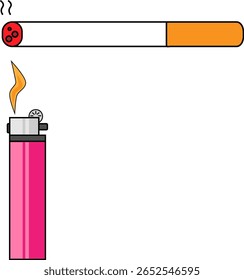 Ilustração vetorial de cigarro em chamas com isqueiro de chama aberta isolado no fundo branco para o design do conceito de fumagem

