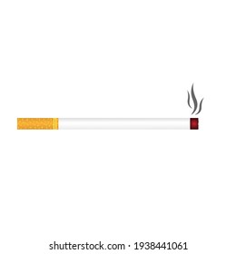 Vector illustration of a burning cigarette with a yellow filter on a white isolated background. Flat realistic design. For various purposes of design.