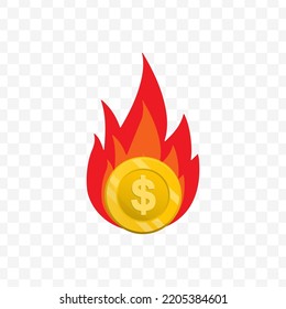 Vector illustration of burning coins. Colored vector for website design. Simple design with transparent background (PNG).