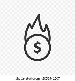 Vector illustration of burning coins icon in dark color and transparent background(png).