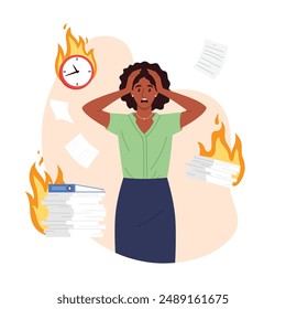 Vector illustration of burning deadlines. Cartoon scene of a young woman in despair, clutching her head, stack of papers, folder, clock and fire, burning work deadlines isolated on white background.