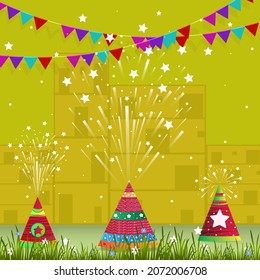Vector illustration of burning Diwali crackers in the background of th Indian house