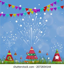 Ilustración vectorial del diseño de fondo de los petardos Diwali en llamas, Feliz Diwali