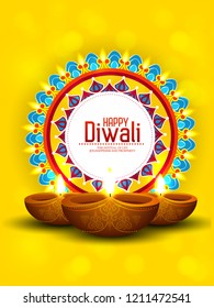 vector illustration of burning diya on happy Diwali for light festival of India,  yellow, red background