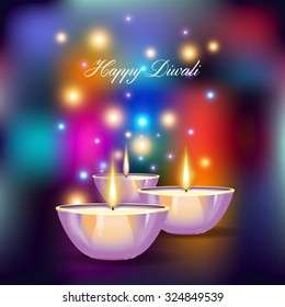 Vector illustration of burning diya on Diwali Holiday on geometric  background.