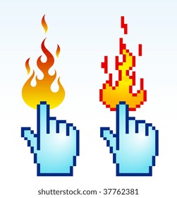 Vector illustration of burning finger cursor, pixel art.