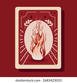 Vektorgrafik eines brennenden Feuers im Kreis, umgeben von Dekorationselementen und Lorbeerblättern, auf rotem Hintergrund. Perfekt für Designs, die mit Energie, Leidenschaft oder Transformation zu tun haben.
