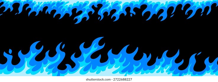 Ilustración vectorial de llama ardiente de fuego arriba y abajo. Conjunto de borde de llama azul sobre fondo negro. Diseño plano del estilo de la historieta del marco frío del fuego para el Web, Anuncio, cartel, red
