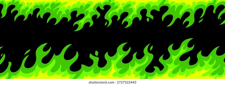 Vector illustration of burning flame of fire top and bottom. Flat style design of fire frame. Set of green and yellow color flame border on black background for web, banner, poster, network