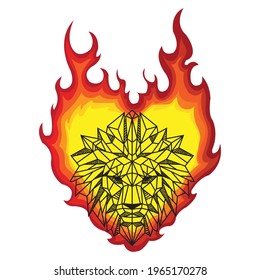 Vector illustration of the Burning Flame Shaped Low Polygon Lion Head Portrait