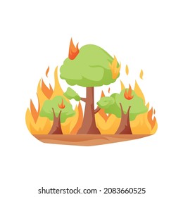 Vector illustration burning forest in fire flames. Forest fires disaster background.