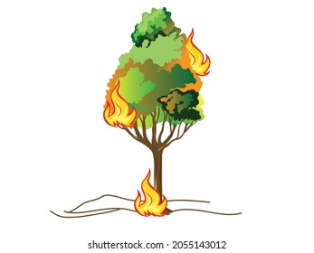 Vector illustration of burning forest spruces in fire flames, nature disaster, wildfire, burning tree