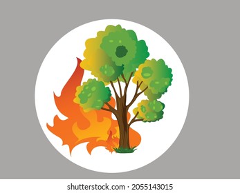 Ilustración vectorial de la quema de abetos forestales en llamas de fuego, desastres naturales, incendios forestales, arbustos en llamas