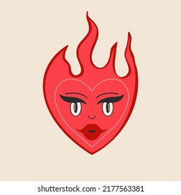 Vector illustration of a burning heart with a face. Flat design, cartoon.