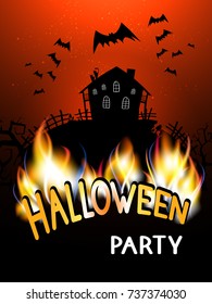 Vector  illustration with burning inscription, abandoned cabin and text Halloween Party  on the background of the night sky and bats.  Hand drawn lettering.