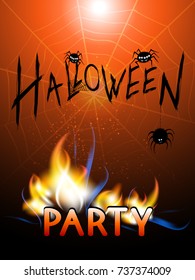 Vector illustration with burning inscription, spiders and text Halloween Party on the night background with webs. Hand drawn lettering.