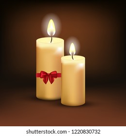 
Vector illustration of burning isolated candles on a dark background. Festive design element
