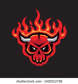 Vector illustration of burning monster skull with horns, isolated on black background.