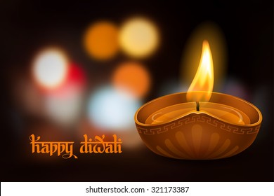 Vector illustration of burning oil lamp diya on Diwali Holiday, ancient Hindu festival of lights, on blurred background. Original calligraphic inscription Happy Diwali and space for your text.