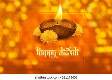 Vector illustration of burning oil lamp diya on Diwali Holiday, ancient Hindu festival of lights, on blurred background. Original calligraphic inscription Happy Diwali and space for your text.