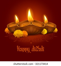 Vector illustration of burning oil lamp diya on Diwali Holiday, ancient Hindu festival of lights, decorated with flowers. Original calligraphic inscription Happy Diwali and space for your text.