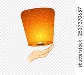 Vector illustration of burning paper lantern with hand on transparent background