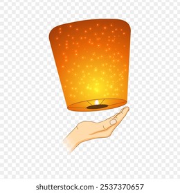 Ilustración vectorial de la linterna de papel ardiente con la mano sobre fondo transparente